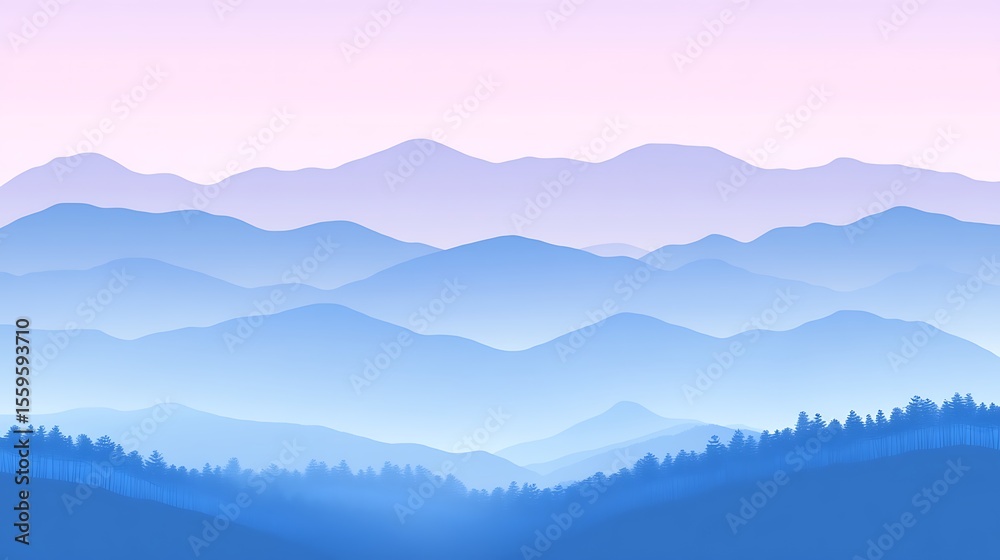 Obraz premium Serene Layers: A Blue and Pink Mountain Range in Gradient Hues Creates Calm and Tranquility