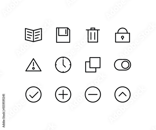 A set of 15 minimalist outline-style UI icons including document, save, delete, lock, warning, clock, overlay, toggle switch, check mark, plus, minus, and arrow up. Ideal for apps, web interfaces, sys