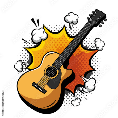 Acoustic guitar with comic explosion effect on white background  