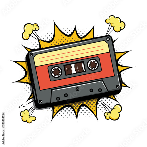 Vintage cassette tape graphic in pop art style with explosion background  