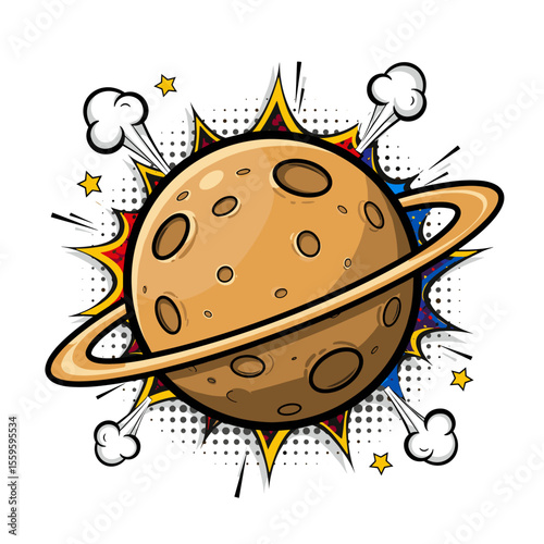 Cartoon planet with rings and explosive background in comic style  