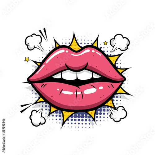 Pop art illustration of pink lips with expressive graphic elements  