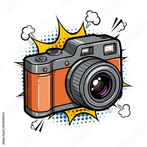 Pop art illustration of an orange camera with comic book design  