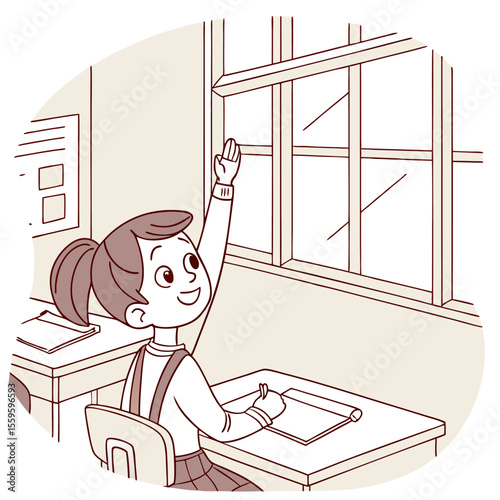 Enthusiastic young schoolgirl with a ponytail sits at her desk raising her hand eagerly to answer a question in a bright classroom