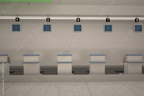 Flat design showing empty row of five airport check-in counters with blank monitors numbered 4–8