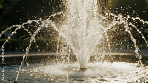 Water fountain spraying in a park, capturing the dynamic motion of water jets against a soft background.