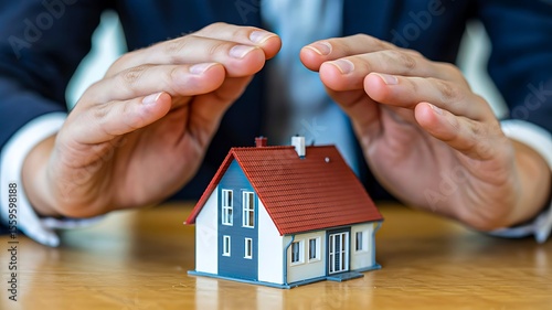 Hands protecting model house on wooden table representing home insurance concept
