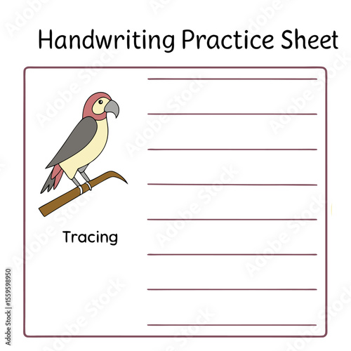 A cute cartoon parrot perched on a branch on a handwriting practice sheet with lines for tracing and writing activities for children
