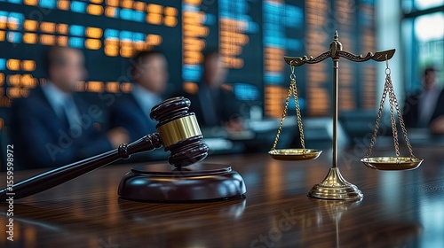 Justice and Judgement: A gavel resting near the Scales of Justice stands prominently on a polished desk with lawyers sitting in blurred background
