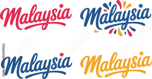 Malaysia red and blue modern text with firework accents vector for Malaysian celebration or tourism sticker  