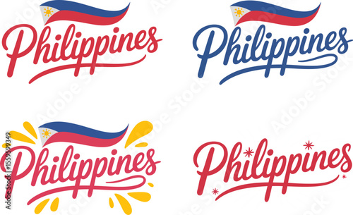 Philippines stylized curved script font with splash elements in blue red for travel design or souvenir product  