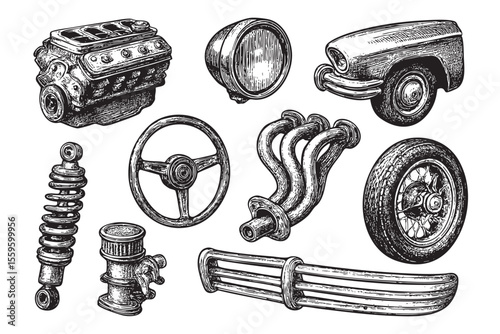  Vintage Car Parts Vector Engraving Set