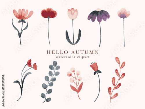 Floral set with watercolor hand drawn autumn fall flowers clipart decoration sticker illustration printable