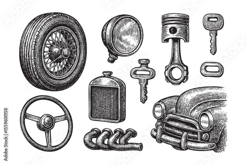 Vintage Automobile Parts Vector Engraving Set