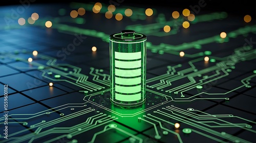 Fully charged green battery on electronic circuit board with glowing lights
