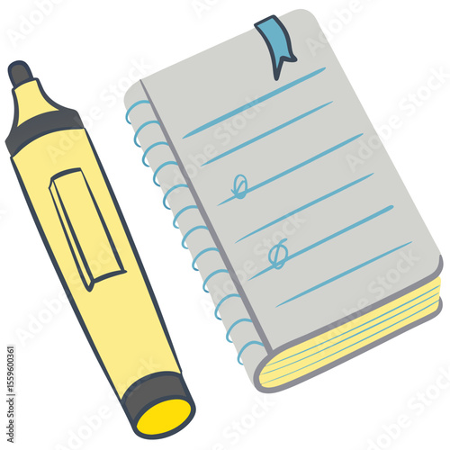 A simple cartoon illustration of a yellow highlighter pen lying next to a gray spiral bound notebook with blue lines and a blue bookmark tab
