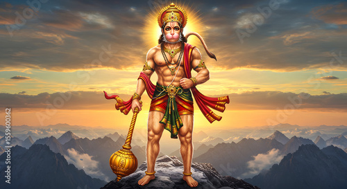 Powerful depiction of Hanuman, the Hindu monkey god, standing majestically on a mountain peak at sunset, holding his gada.