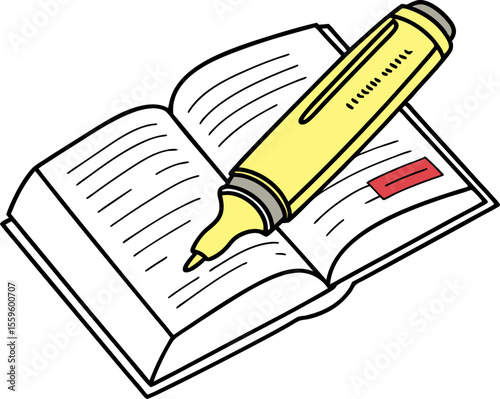 A yellow highlighter pen rests on an open book with lines of text and a red marker indicating important information for study or research