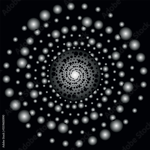This captivating black and white abstract image features a central spiral design composed of dots, radiating outward.