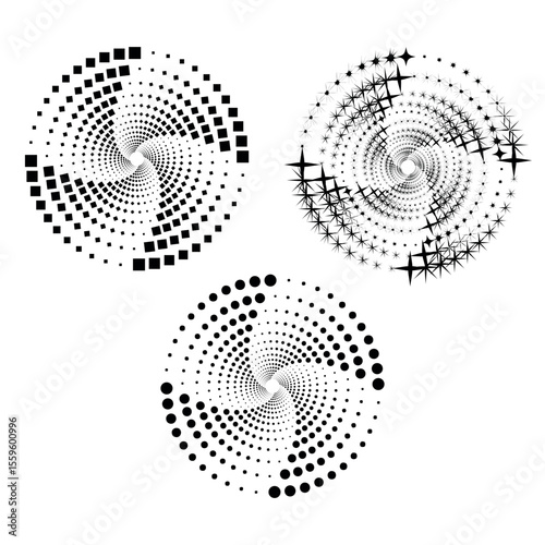 Three circular patterns, each with a unique halftone effect, create a visually intriguing design.