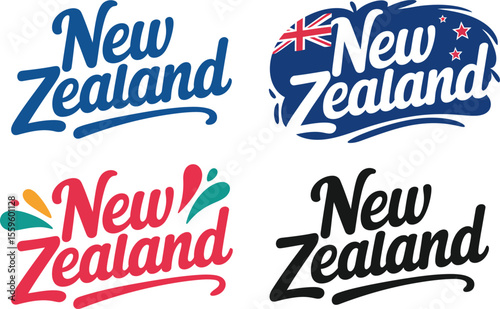 New zealand clean outline brush typography vector with flag icon for tourism logo or minimal patriotic print  