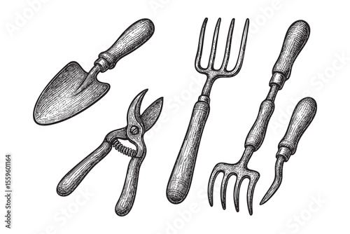  Essential Garden Hand Tools Vector Engraving Set