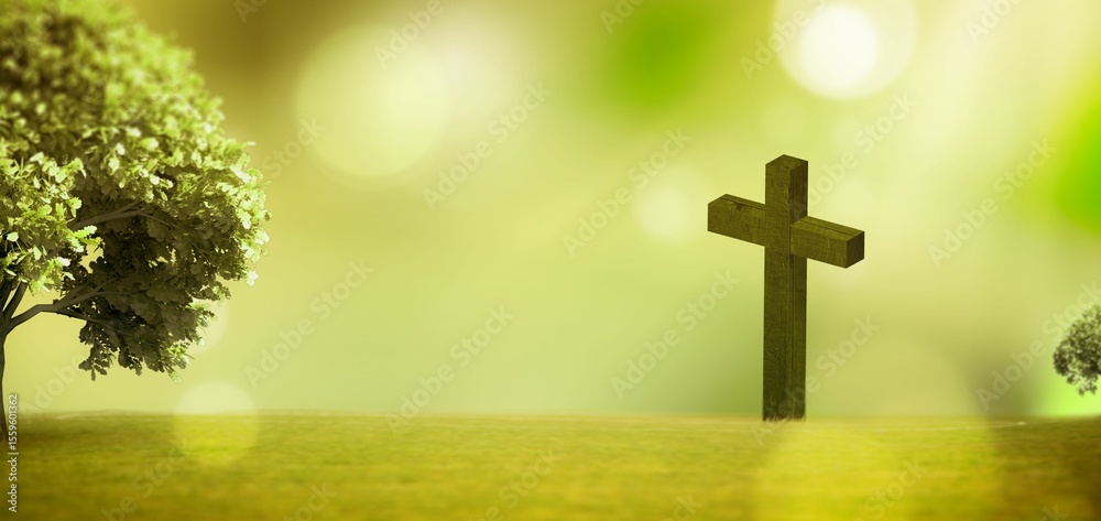 Obraz premium Wooden cross is standing in flat design meadow, glowing under warm green light with lens flares
