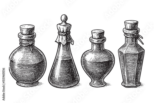 Vintage Potion Bottles Vector Engraving Set


