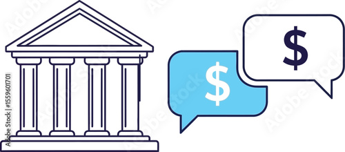 Illustration of a bank building with dollar sign speech bubbles next to it