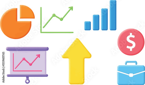 Cartoon financial icons including charts graphs and a dollar symbol