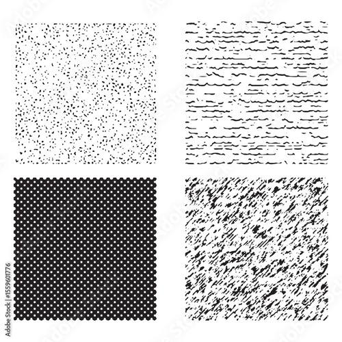 This set provides four distinct black and white texture patterns, ideal for graphic design projects.
