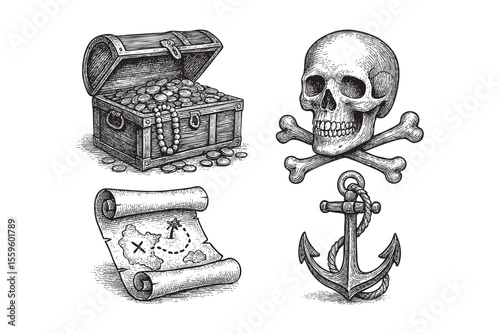  Pirate Theme Objects Vector Engraving Set