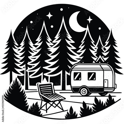 Black and white vector illustration of a camping scene with trees moon and stars caravan