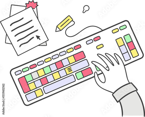 A hand typing on a colorful keyboard with a document and pencil nearby representing a creative or productive work session