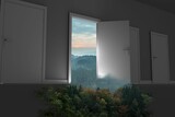 Open door in forest with trees in house