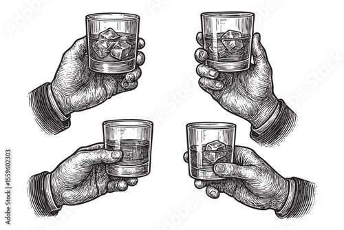 Hands Holding Whiskey Glasses Vector Engraving Set

