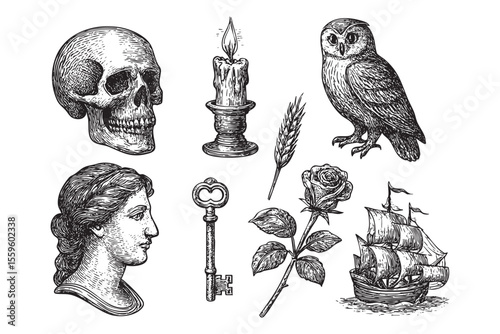 Antique Skull, Owl, Candle, Ship, and Rose Engraving Set