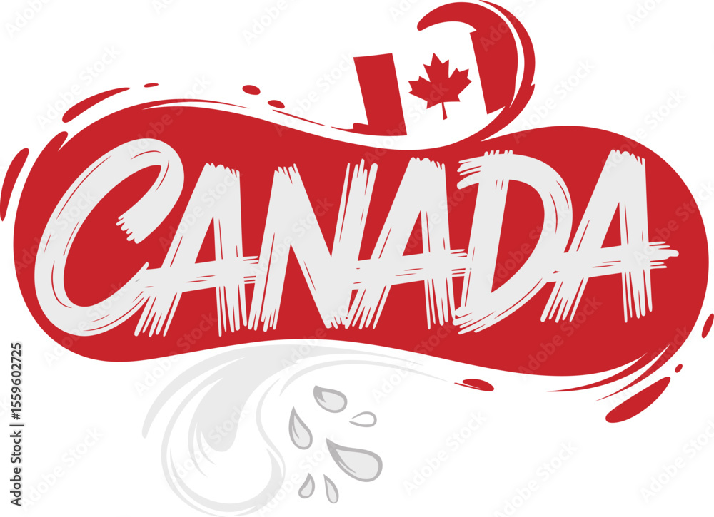 Canada red brush style lettering with maple leaf and curved swoosh vector for patriotic t-shirt or sticker design  