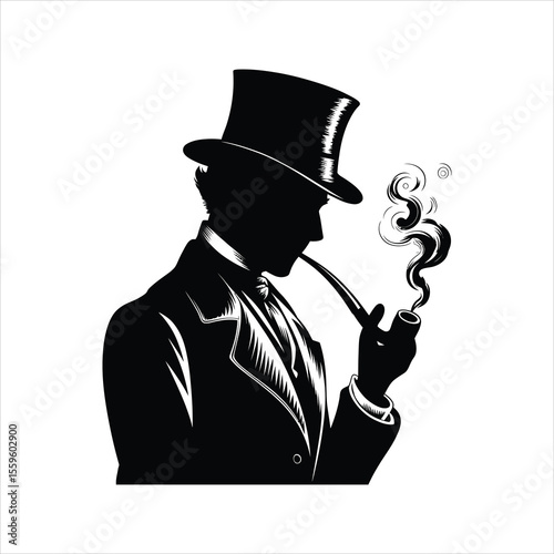 Vintage Gentleman Silhouette Icon – Man in Top Hat Smoking Pipe Vector	