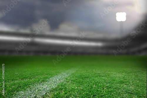 Flat design grass pitch is covering stadium front with white sideline, stands and floodlight tower