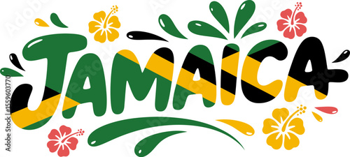 Jamaica hand-drawn flower style typography with reggae color brush theme for tropical beach sticker print  