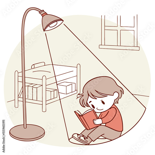 A cute cartoon child sits on the floor illuminated by a floor lamp engrossed in reading a book next to a bed with storage