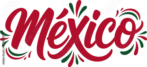 Mexico red modern script font with festive graphic accents vector for mexican fiesta event or souvenir design  