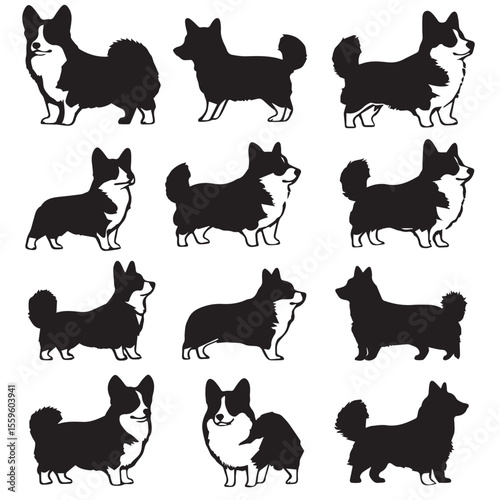 welesh corgi silhouette set, Black & White silhouette set