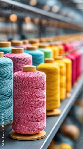 Colorful spools of thread on shelves