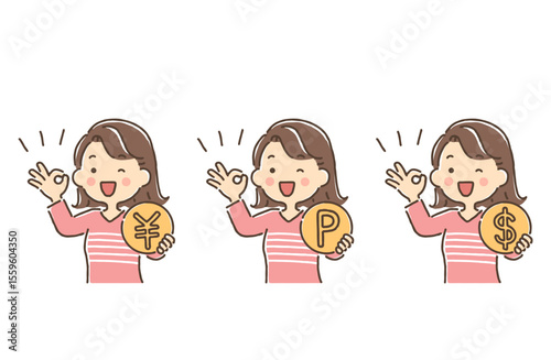 コインを持ちOKサインをしている若い女性（￥・P・＄）