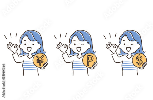 コインを持ちOKサインをしている若い女性（￥・P・＄）
