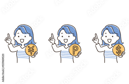 コインを持ち人差し指を立てている若い女性（￥・P・＄）