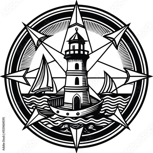 Nautical emblem featuring a lighthouse and sailing ships ocean waves compass rose