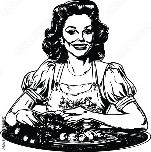 Smiling Retro Woman Vector: Vintage Kitchen Illustration- Home Cooking
